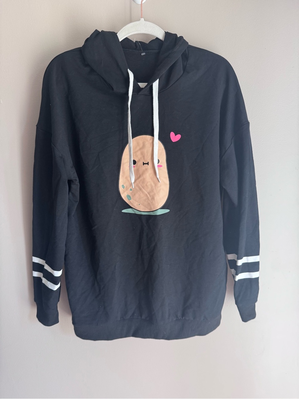 Potato Boba Long Line Hoodie Oversized Sweatshirt Black Cotton Size L